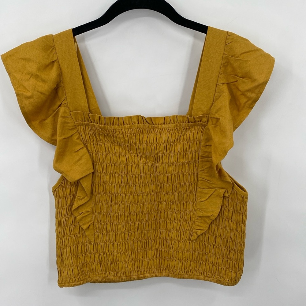 Monteau Boho Linen Blend Top Ruffle Straps Smocked Bodice Size Large